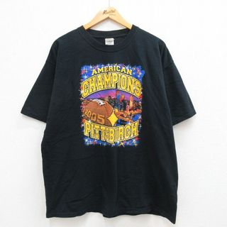 チャンピオン(Champion)のXL★古着 半袖 ビンテージ Tシャツ メンズ 00年代 00s NFL ピッツバーグスティーラーズ アメリカンチャンピオンズ 2005 大きいサイズ コットン クルーネック 黒 ブラック アメフト スーパーボウル 23mar29 中古(Tシャツ/カットソー(半袖/袖なし))