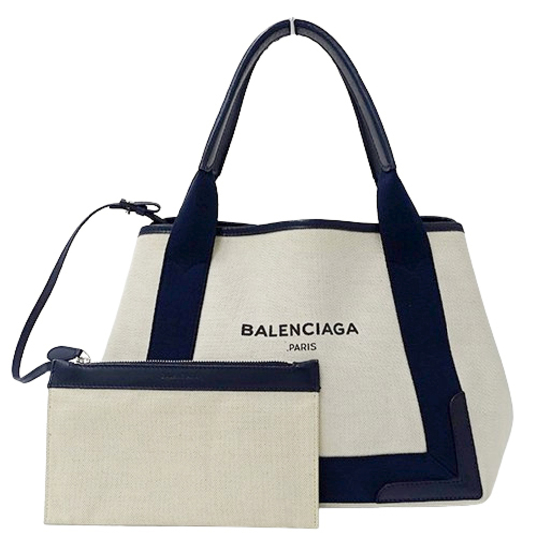 Balenciaga(バレンシアガ)のバレンシアガ BALENCIAGA バッグ レディース ブランド トートバッグ ハンドバッグ ネイビーカバス S キャンバス ホワイト ネイビー 339933 ポーチ付き 白 ロゴ おしゃれ 【中古】 レディースのバッグ(トートバッグ)の商品写真