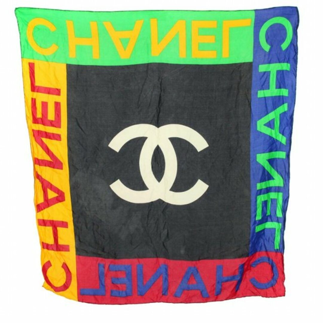 CHANEL(シャネル)のシャネル CHANEL スカーフ ココマーク ロゴプリント 黒 ブラック 黄 青 レディースのファッション小物(バンダナ/スカーフ)の商品写真