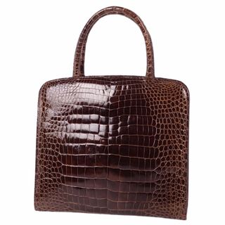 クロコダイル(Crocodile)の美品 クロコダイル CROCODILE バッグ ハンドバッグ トートバッグ シャイニークロコ ワニ革 カバン レディース ブラウン(ハンドバッグ)