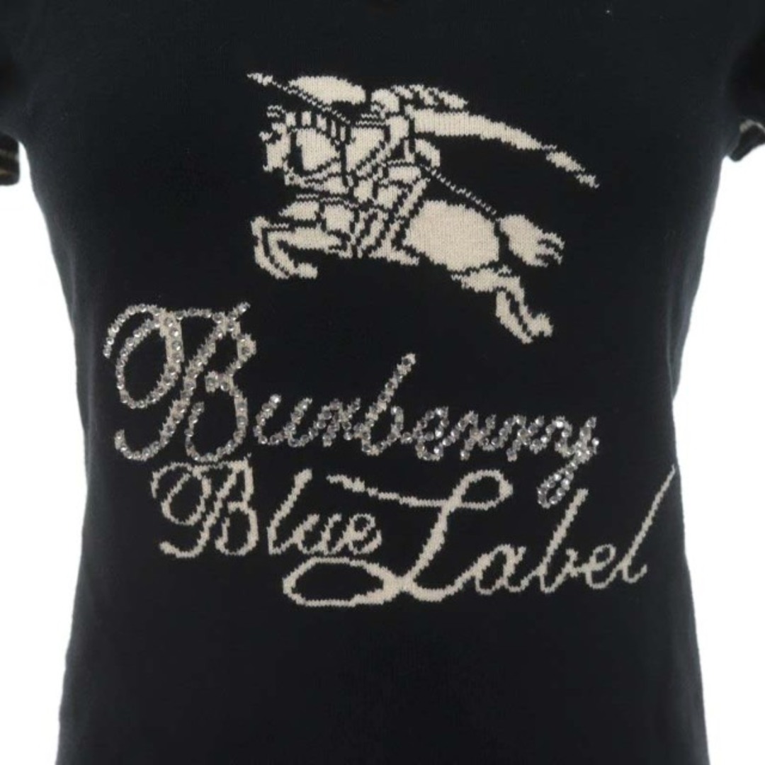 BURBERRY BLUE LABEL(バーバリーブルーレーベル)のバーバリーブルーレーベル ロゴ Vネック 半袖 ニット セーター S 黒 白 レディースのトップス(ニット/セーター)の商品写真