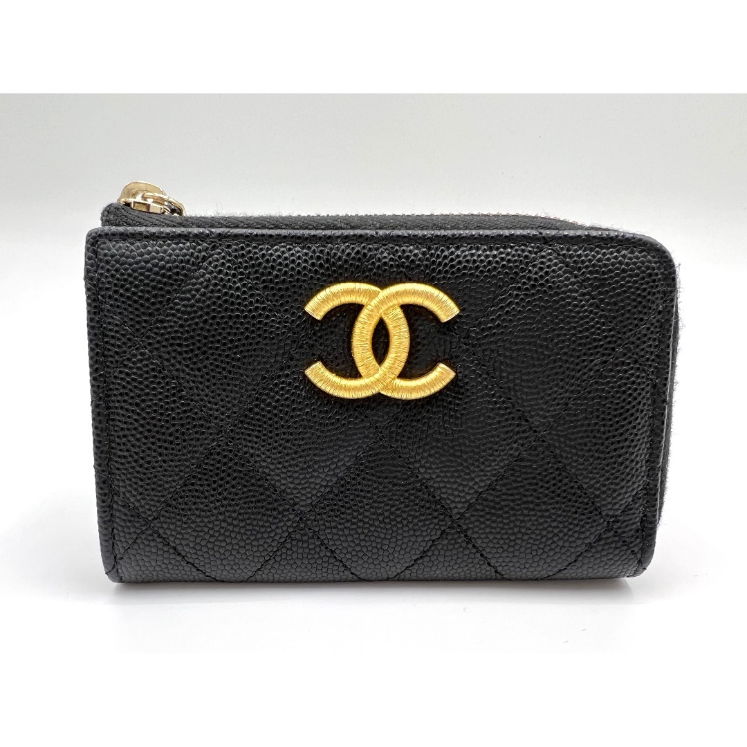 CHANEL - CHANEL シャネル グレインドカーフスキン L字ジップ コインパース ファスナー小銭入れ 財布 キーリング ブラック キャビアスキン ランダム AP3522 超美品