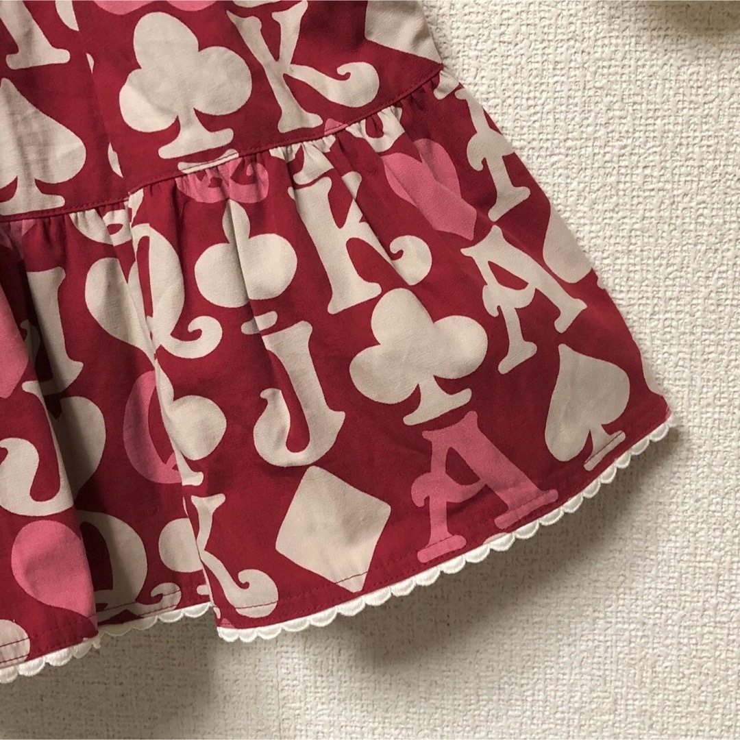 Shirley Temple(シャーリーテンプル)のシャーリーテンプル復刻版トランプ柄ジャンパースカート140cm赤×キナリ美品 キッズ/ベビー/マタニティのキッズ服女の子用(90cm~)(ワンピース)の商品写真