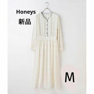 HONEYS - 新品 大人可愛い フェミニン 春ドレス Vネック水玉ロングワンピース 長袖 白色