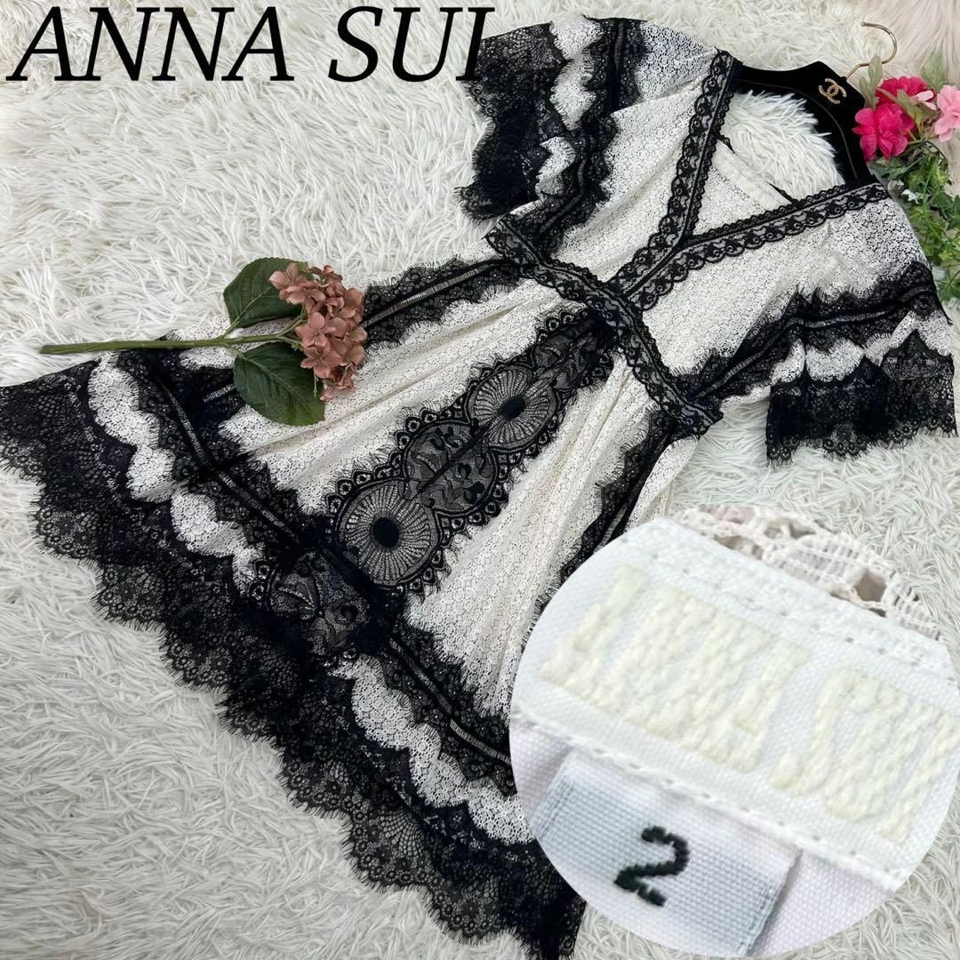 ANNA SUI(アナスイ)のアナスイ レディース レース 透け感 花柄 フリル Vネック 半袖 ロング丈 レディースのワンピース(ひざ丈ワンピース)の商品写真