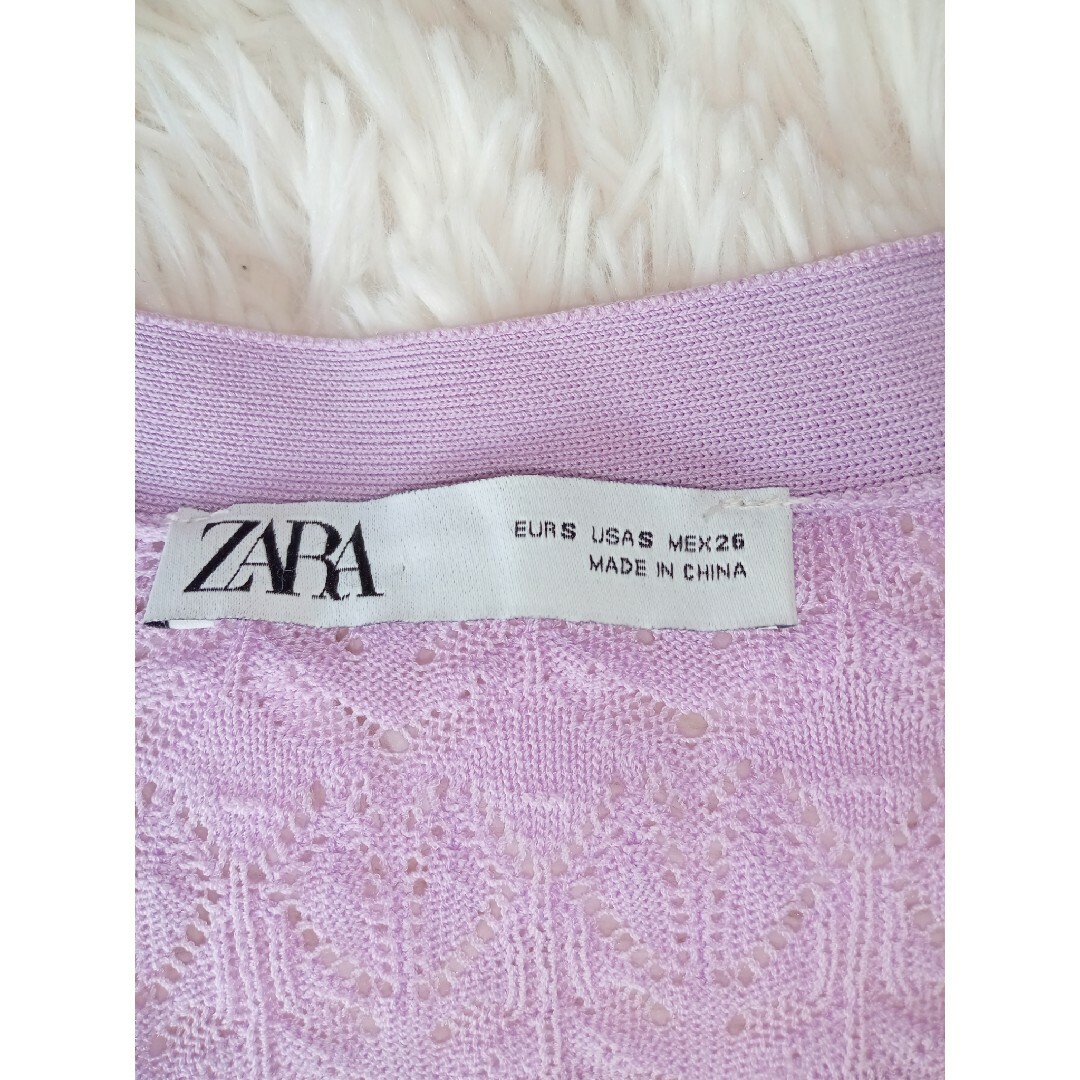 ZARA(ザラ)の美品✨ZARAザラ　レース編みカーディガン　春色ライトパープル　Ｓ レディースのトップス(カーディガン)の商品写真