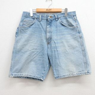 ラングラー(Wrangler)のW34★古着 ラングラー Wrangler ショート パンツ ショーツ メンズ 90年代 90s ヒゲ コットン USA製 紺 ネイビー デニム 23apr08 中古 ボトムス 短パン ショーパン ハーフ(ワークパンツ/カーゴパンツ)