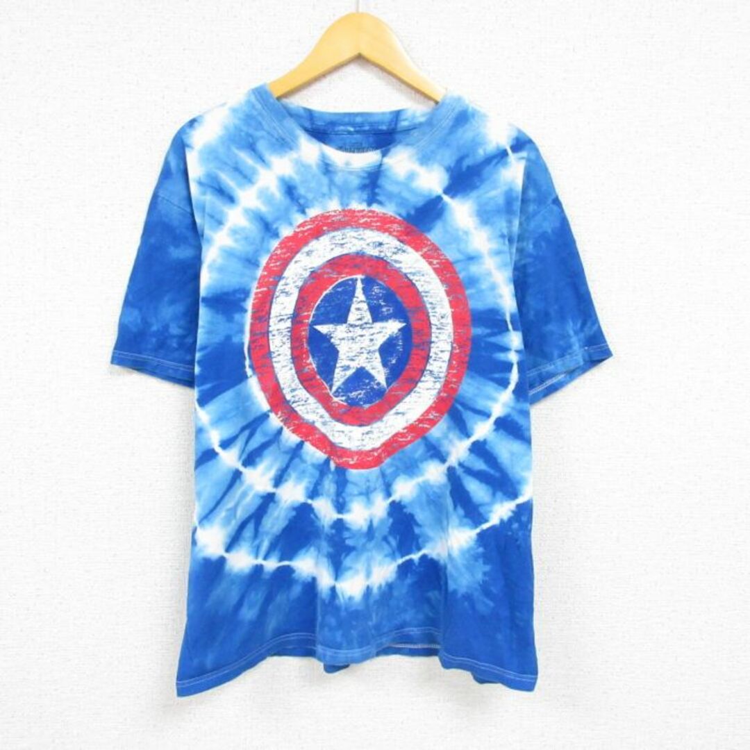 MARVEL(マーベル)のL★古着 半袖 Tシャツ メンズ マーベル アベンジャーズ キャプテンアメリカ コットン クルーネック 青他 ブルー タイダイ 23apr01 中古 メンズのトップス(Tシャツ/カットソー(半袖/袖なし))の商品写真