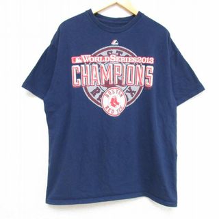 マジェスティック(Majestic)のXL★古着 マジェスティック 半袖 Tシャツ メンズ MLB ボストンレッドソックス ワールドシリーズ コットン クルーネック 紺 ネイビー メジャーリーグ ベースボール 野球 23apr04 中古(Tシャツ/カットソー(半袖/袖なし))