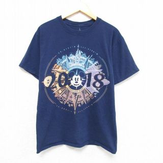 ディズニー(Disney)のM★古着 ヘインズ Hanes 半袖 Tシャツ メンズ ディズニー DISNEY ミッキー MICKEY MOUSE コットン クルーネック 紺 ネイビー 23apr06 中古(Tシャツ/カットソー(半袖/袖なし))