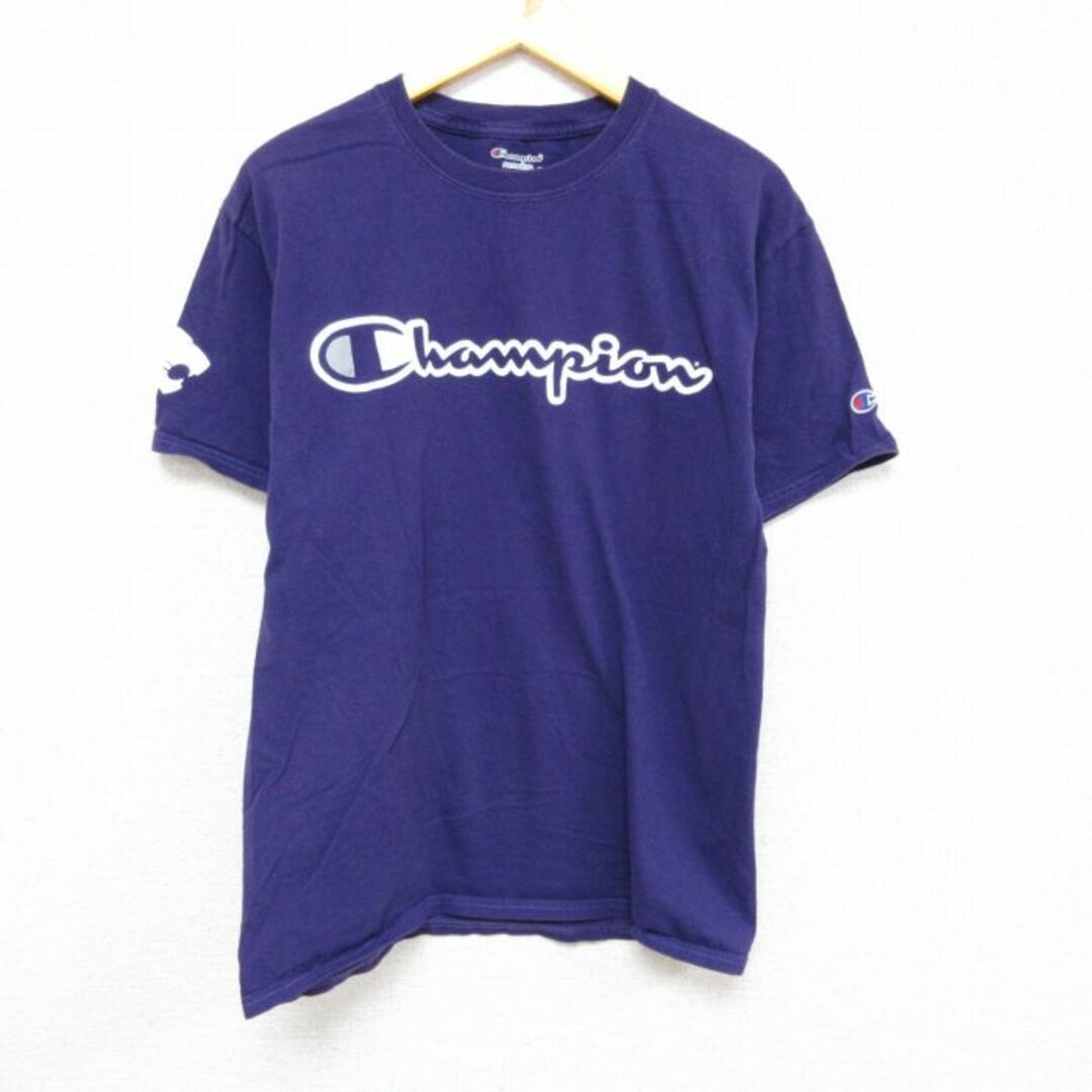 Champion(チャンピオン)のL★古着 チャンピオン Champion 半袖 ブランド Tシャツ メンズ ビッグロゴ クルーネック 紫 パープル 23apr01 中古 メンズのトップス(Tシャツ/カットソー(半袖/袖なし))の商品写真