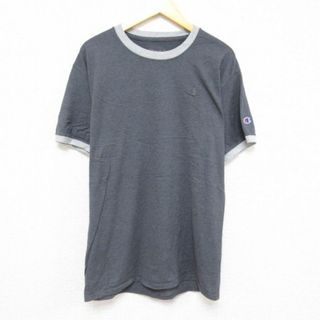 チャンピオン(Champion)のL★古着 チャンピオン Champion 半袖 ブランド Tシャツ メンズ ワンポイントロゴ クルーネック 濃グレー 霜降り リンガー 23apr01 中古(Tシャツ/カットソー(半袖/袖なし))