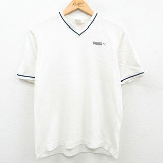 プーマ(PUMA)のM★古着 デサント プーマ puma 半袖 ビンテージ Tシャツ メンズ 80年代 80s ワンポイントロゴ Vネック 白他 ホワイト 霜降り 23apr03 中古(Tシャツ/カットソー(半袖/袖なし))