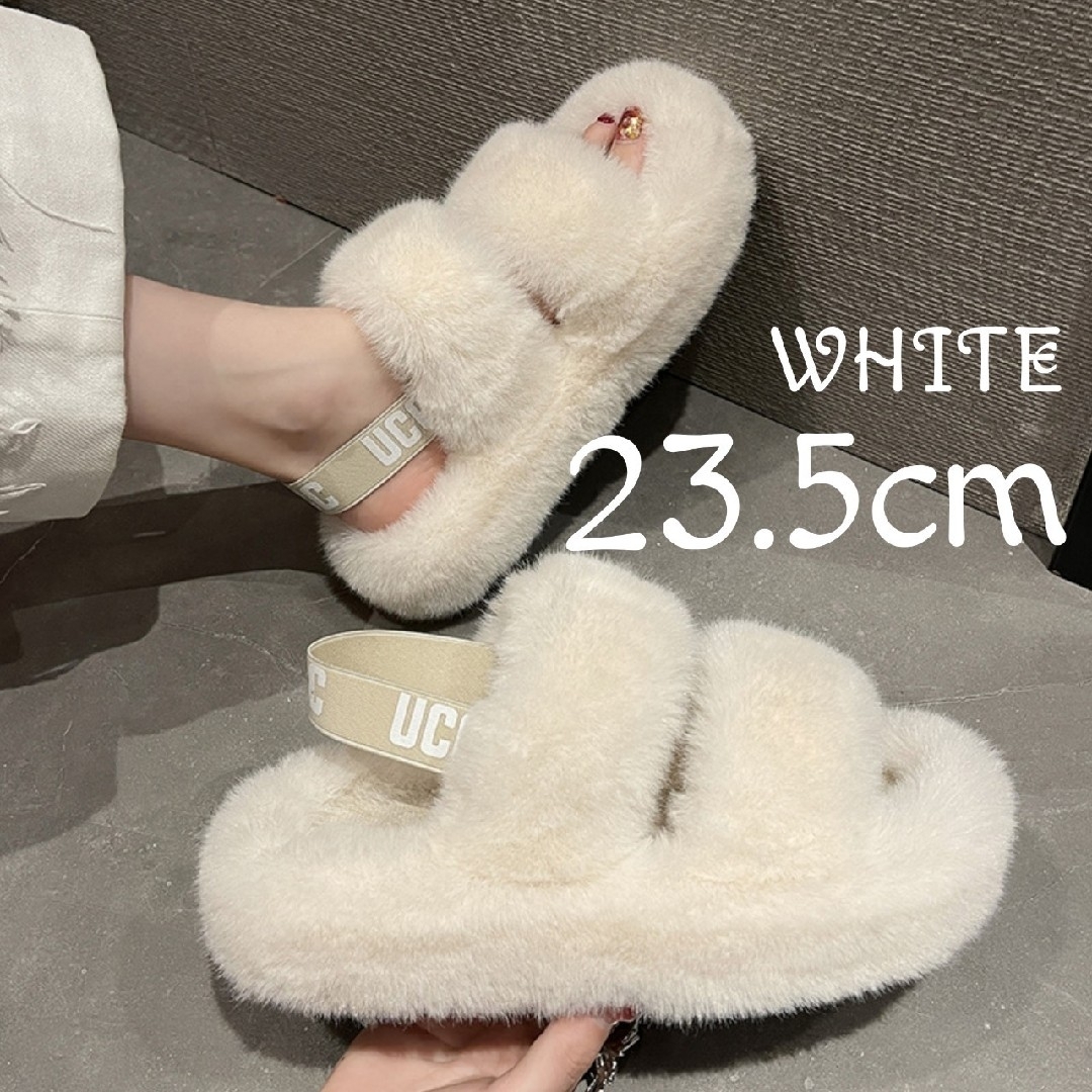 ファーサンダル もこもこ ホワイト 韓国 おしゃれ 厚底 秋 冬 23.5cm レディースの靴/シューズ(サンダル)の商品写真