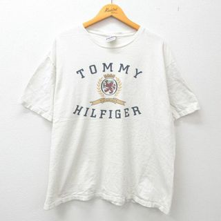 トミーヒルフィガー(TOMMY HILFIGER)のXL★古着 トミーヒルフィガー TOMMY HILFIGER 半袖 ビンテージ ブランド Tシャツ メンズ 90年代 90s ビッグロゴ 大きいサイズ コットン クルーネック USA製 白 ホワイト 23apr06 中古(Tシャツ/カットソー(半袖/袖なし))