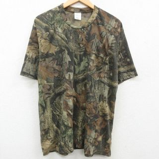 XL★古着 半袖 ビンテージ Tシャツ メンズ 00年代 00s ADVANTAGE 葉 胸ポケット付き クルーネック 濃茶他 ブラウン 迷彩 23apr07 中古(Tシャツ/カットソー(半袖/袖なし))