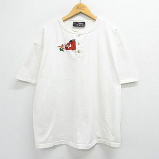 ディズニー(Disney)のXL★古着 半袖 ビンテージ Tシャツ メンズ 90年代 90s ディズニー DISNEY ライオンキング プンバァ ティモン 刺繍 大きいサイズ コットン ヘンリーネック USA製 白 ホワイト 【spe】 23apr07 中古(Tシャツ/カットソー(半袖/袖なし))