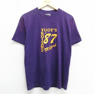 ヘインズ(Hanes)のM★古着 ヘインズ Hanes 半袖 ビンテージ Tシャツ メンズ 80年代 80s トロージャンズ ミルフォード クルーネック USA製 紫 パープル 23apr10 中古(Tシャツ/カットソー(半袖/袖なし))