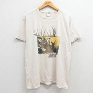 L★古着 半袖 ビンテージ Tシャツ メンズ 00年代 00s シカ コットン クルーネック 薄ベージュ系 カーキ 23apr10 中古(Tシャツ/カットソー(半袖/袖なし))