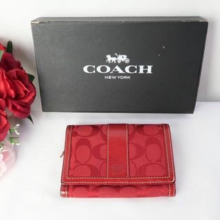 コーチ(COACH)のs752 美品 コーチ 折り財布 シグネチャー キャンバスレザー 赤レッド(財布)