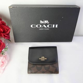 コーチ(COACH)のs753 美品 コーチ 三つ折り財布 シグネチャー PVC ブラックブラウン(財布)