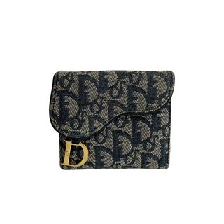 極 美品 保存袋 カード付 Christian Dior ディオール トロッター 総柄 キャンバス レザー 二つ折り 財布 ミニ ウォレット ネイビー 31351