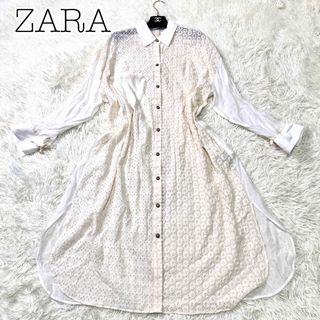 ザラ(ZARA)の【美品】ZARA ザラ　マキシワンピース　レース　ホワイト　 シャツワンピース(ロングワンピース/マキシワンピース)