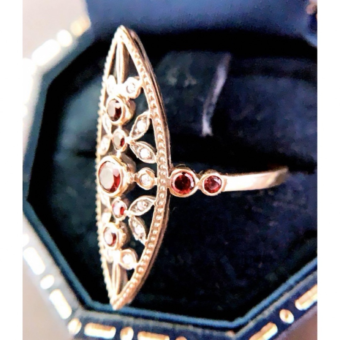 豪華✨クラシカル❗️宝箱　k10YGガーネットダイヤモンリング　透かし柄 レディースのアクセサリー(リング(指輪))の商品写真