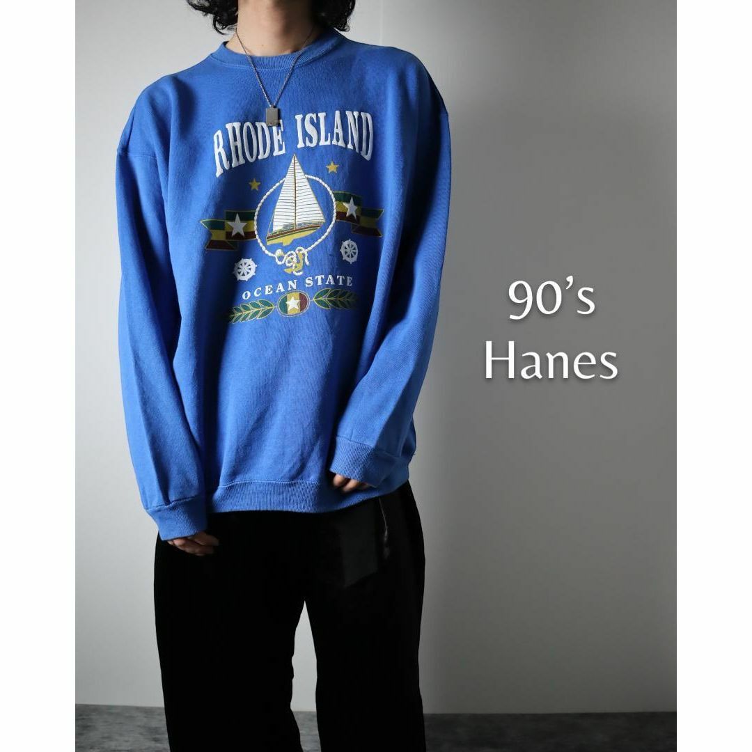 Hanes(ヘインズ)の90s ヘインズ ヨット プリント ルーズ ヘビー スウェット XL 青 USA メンズのトップス(スウェット)の商品写真