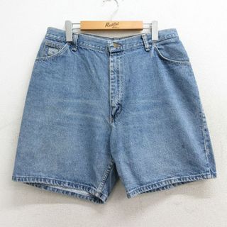 ラングラー(Wrangler)のW32★古着 ラングラー Wrangler ショート パンツ ショーツ メンズ 90年代 90s ヒゲ コットン USA製 紺 ネイビー デニム 23apr12 中古 ボトムス 短パン ショーパン ハーフ(ワークパンツ/カーゴパンツ)