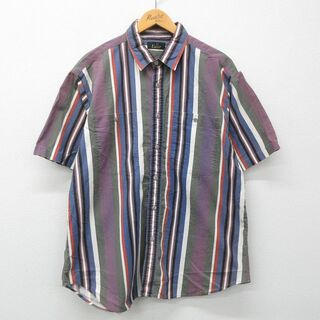 XL★古着 半袖 シャツ メンズ 90年代 90s 大きいサイズ コットン 紫他 パープル ストライプ 23apr11 中古 トップス(シャツ)