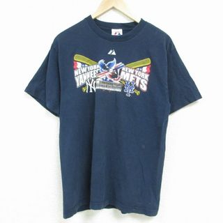 マジェスティック(Majestic)のM★古着 マジェスティック 半袖 Tシャツ メンズ MLB ニューヨークヤンキース ニューヨークメッツ サブウェイシリーズ クルーネック 紺 ネイビー メジャーリーグ ベースボール 野球 23apr11 中古(Tシャツ/カットソー(半袖/袖なし))