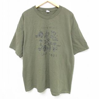 XL★古着 半袖 Tシャツ メンズ 花 大きいサイズ コットン クルーネック 濃緑 グリーン 23apr17 中古(Tシャツ/カットソー(半袖/袖なし))