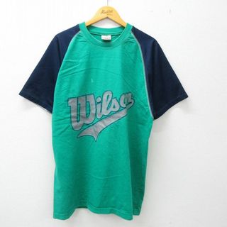 ウィルソン(wilson)のXL★古着 ウィルソン 半袖 ビンテージ Tシャツ メンズ 00年代 00s ビッグロゴ ツートンカラー ラグラン 大きいサイズ コットン クルーネック 緑他 グリーン 23apr11 中古(Tシャツ/カットソー(半袖/袖なし))