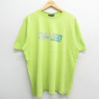 ノーティカ(NAUTICA)のXL★古着 ノーティカ NAUTICA 半袖 ビンテージ ブランド Tシャツ メンズ 90年代 90s ビッグロゴ サーフ コットン クルーネック USA製 黄緑 23apr15 中古(Tシャツ/カットソー(半袖/袖なし))