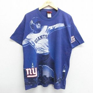 リーボック(Reebok)のXL★古着 リーボック REEBOK 半袖 Tシャツ メンズ NFL ニューヨークジャイアンツ 全面プリント コットン クルーネック 濃紫系 パープル アメフト スーパーボウル 23apr17 中古(Tシャツ/カットソー(半袖/袖なし))