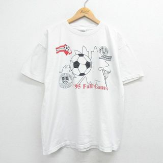 アディダス(adidas)のXL★古着 アディダス adidas 半袖 ビンテージ Tシャツ メンズ 90年代 90s サッカー ビッグロゴ コットン クルーネック USA製 白 ホワイト 23apr19 中古(Tシャツ/カットソー(半袖/袖なし))