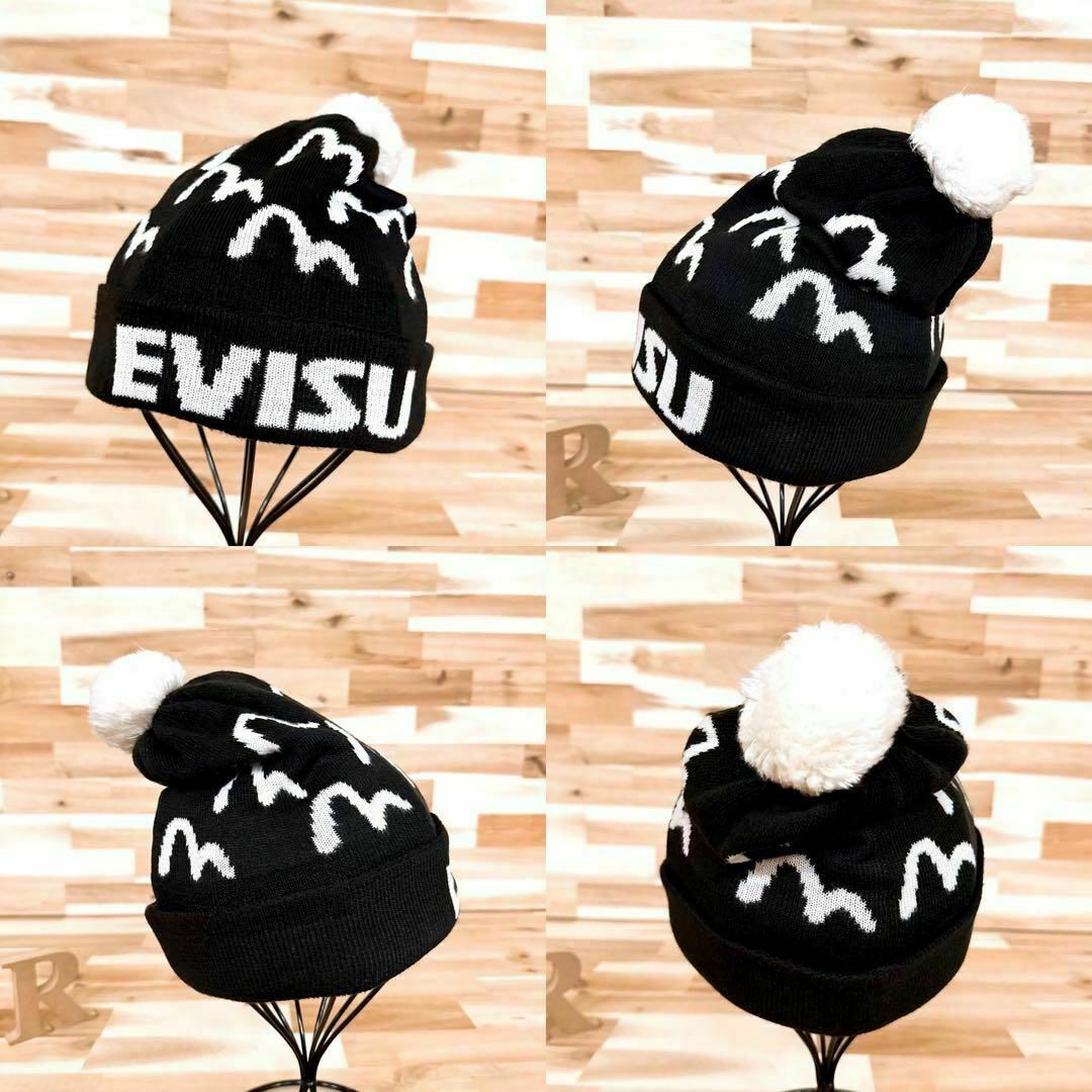 EVISU(エビス)の激レア/廃番【エヴィス】EVISU 白ボンボン カモメ柄 ニット帽 総柄 黒×白 メンズの帽子(ニット帽/ビーニー)の商品写真