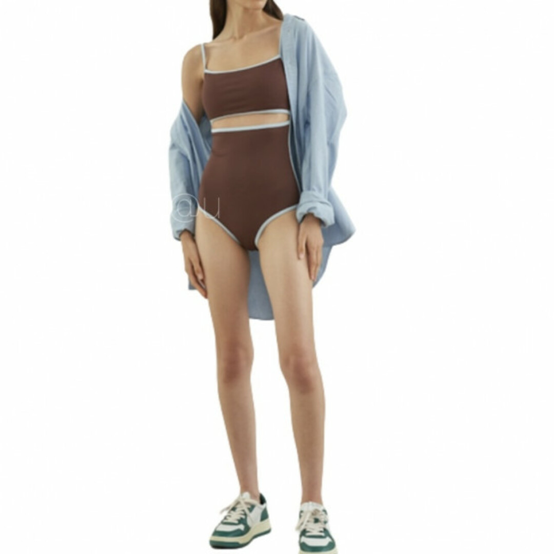 フロントオープン パイピング スイムウェア 茶色 青 L 人気 流行 シンプル レディースの水着/浴衣(水着)の商品写真