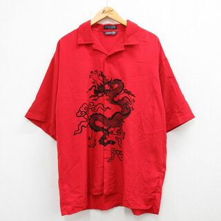 XL★古着 半袖 シャツ メンズ 90年代 90s 龍 大きいサイズ 開襟 オープンカラー 赤他 レッド 23apr24 中古 トップス(シャツ)