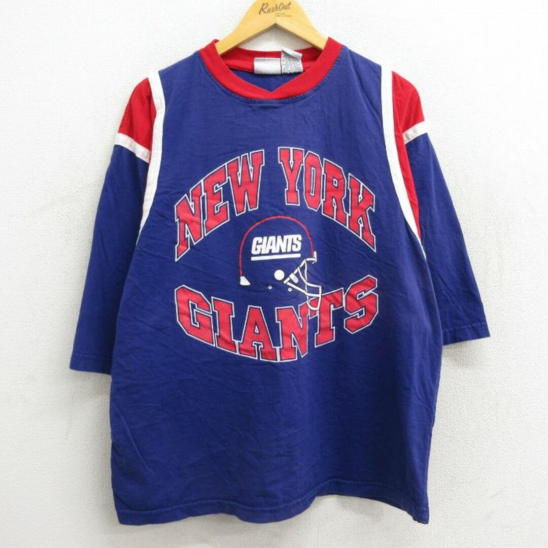 XL★古着 7分袖 ビンテージ フットボール Tシャツ メンズ 90年代 90s NFL ニューヨークジャイアンツ コットン クルーネック 青 ブルー アメフト スーパーボウル 23apr21 中古 7分丈 七分丈 七分袖 メンズのトップス(Tシャツ/カットソー(半袖/袖なし))の商品写真