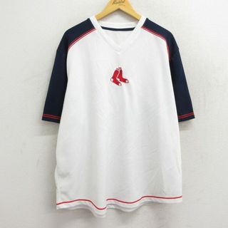 XL★古着 半袖 Tシャツ メンズ MLB ボストンレッドソックス メッシュ地 大きいサイズ Vネック 白他 ホワイト メジャーリーグ ベースボール 野球 23apr26 中古(Tシャツ/カットソー(半袖/袖なし))