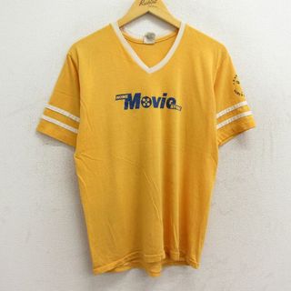 L★古着 半袖 ビンテージ Tシャツ メンズ 80年代 80s Movie コーチ COACH フロッキープリント Vネック USA製 黄 イエロー 23apr26 中古(Tシャツ/カットソー(半袖/袖なし))