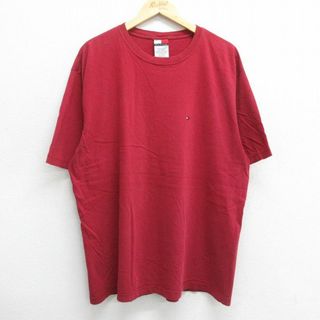 トミーヒルフィガー(TOMMY HILFIGER)のXL★古着 トミーヒルフィガー TOMMY HILFIGER 半袖 ブランド Tシャツ メンズ ワンポイントロゴ 大きいサイズ コットン クルーネック 赤 レッド 23apr24 中古(Tシャツ/カットソー(半袖/袖なし))