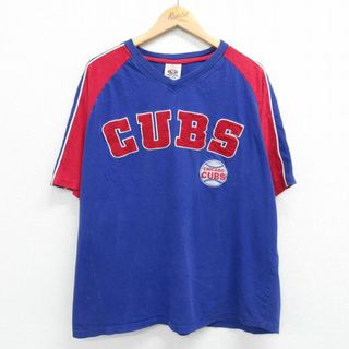 XL★古着 半袖 ビンテージ Tシャツ メンズ 00年代 00s MLB シカゴカブス 大きいサイズ コットン Vネック 青他 ブルー メジャーリーグ ベースボール 野球 23apr22 中古(Tシャツ/カットソー(半袖/袖なし))