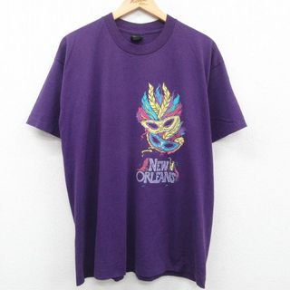 XL★古着 半袖 ビンテージ Tシャツ メンズ 90年代 90s ニューオーリンズ 仮面 クルーネック カナダ製 紫 パープル 23apr24 中古(Tシャツ/カットソー(半袖/袖なし))