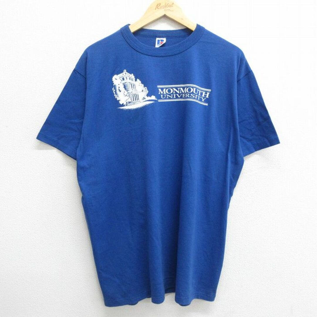 XL★古着 ラッセル 半袖 ビンテージ Tシャツ メンズ 80年代 80s モンマス 大学 大きいサイズ クルーネック USA製 青 ブルー 23apr28 中古 メンズのトップス(Tシャツ/カットソー(半袖/袖なし))の商品写真