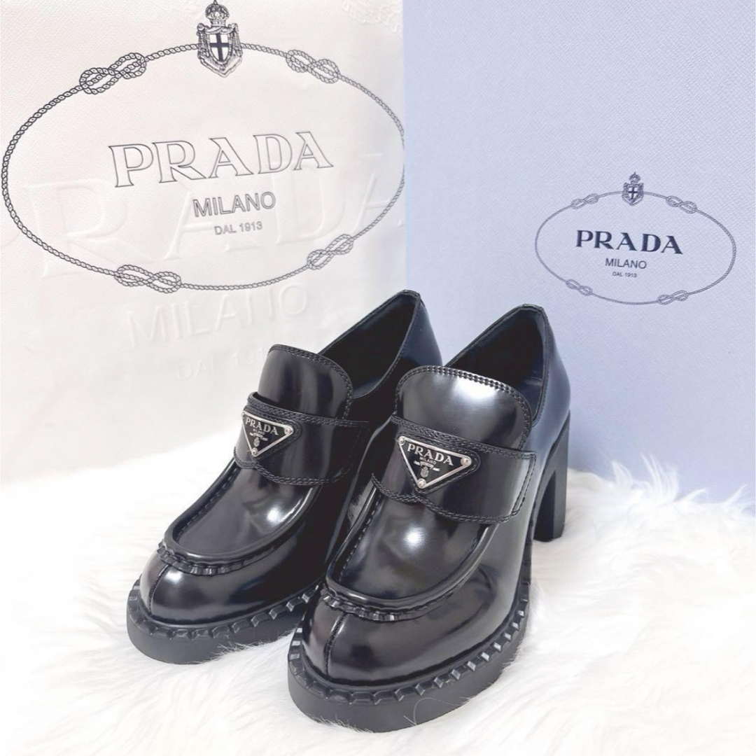 PRADA(プラダ)のPRADA プラダ チョコレート ブラッシュドレザー ハイヒールローファー レディースの靴/シューズ(ローファー/革靴)の商品写真