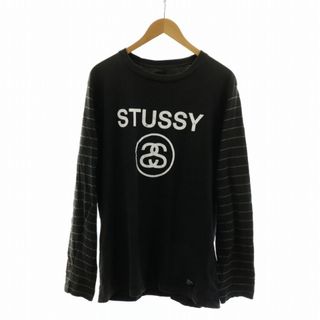 ステューシー(STUSSY)のSTUSSY Tシャツ カットソー ロゴ プリント 長袖 ボーダー XL 黒(Tシャツ/カットソー(七分/長袖))