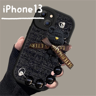 【iPhone13ケース】ツイード クママスコット ハンドストラップ付 ブラック(iPhoneケース)